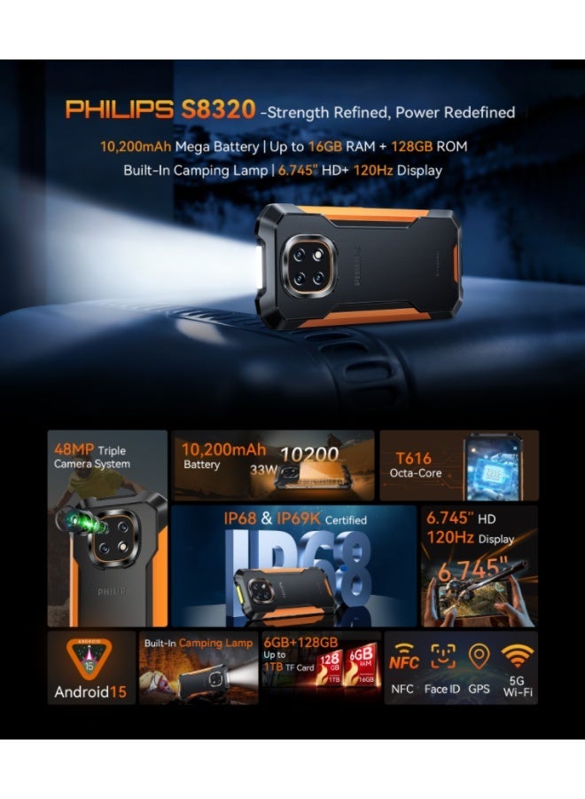 Philips Cubot S8320 Rugged Smartphone – 10,200mAh Mega Battery ,120Hz 6.745” HD+ Display, IP68/IP69K, 48MP Triple Camera, Android 15, Built-In Camping Lamp - Image 2